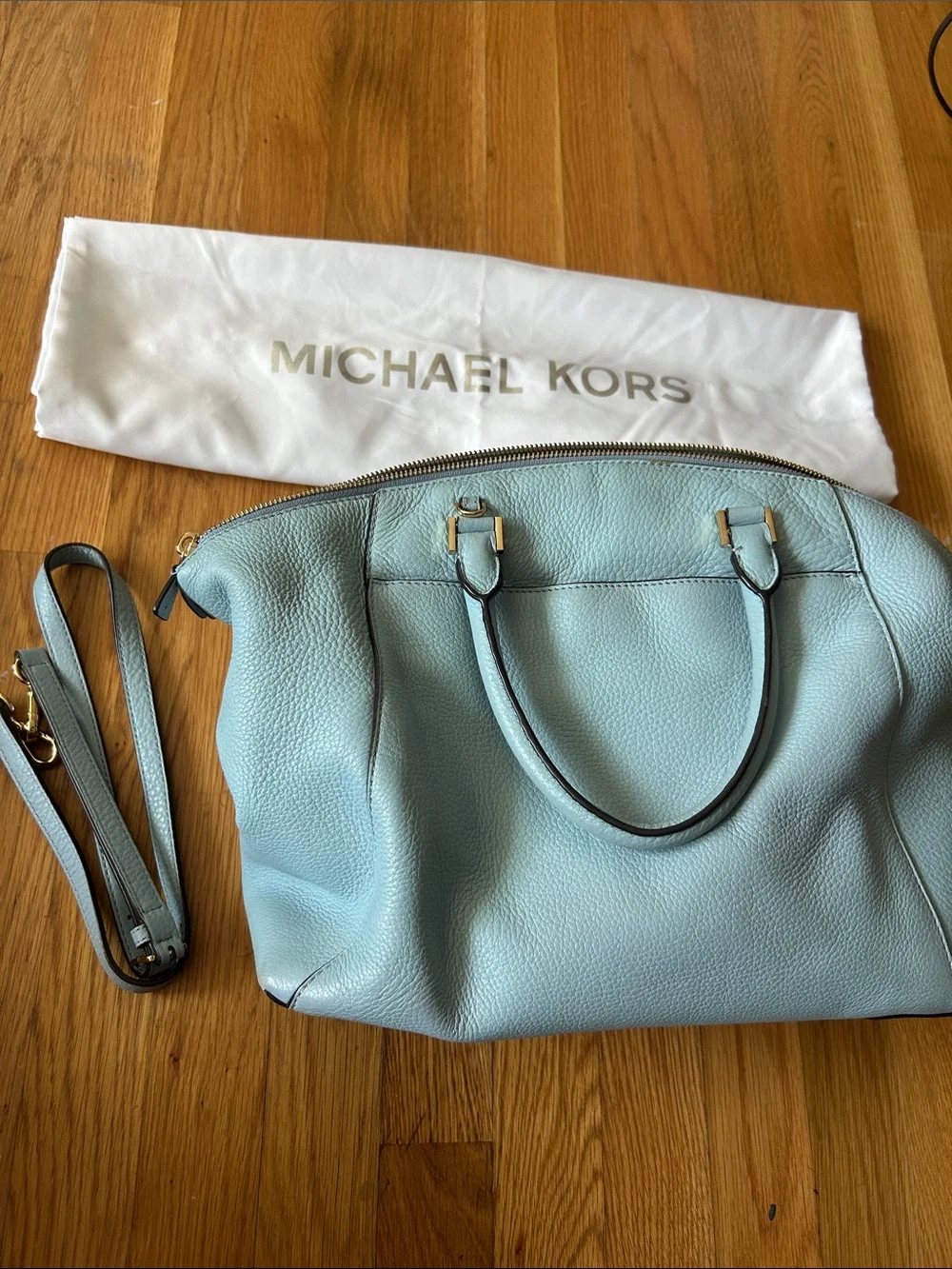 Michael Kors Pale Blue Pebbled Leather Satchel with Gold Hardware